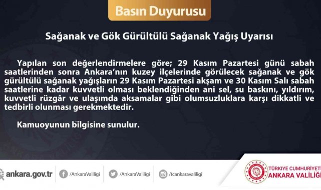 Ankara Valiliği'nden sağanak uyarısı