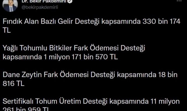 Bakan Pakdemirli: "13 milyon lirayı aşkın destek ödemesi hesaplara aktarılmaya başlandı"