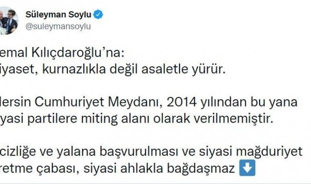 Bakan Soylu: "Mersin Cumhuriyet Meydanı, 2014 yılından bu yana siyasi partilere miting alanı olarak verilmemiştir"