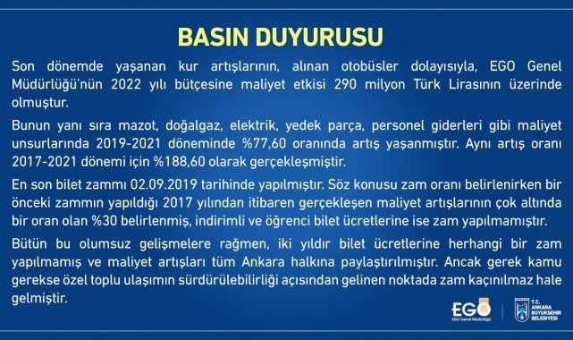 EGO'dan toplu taşıma biletlerine zam