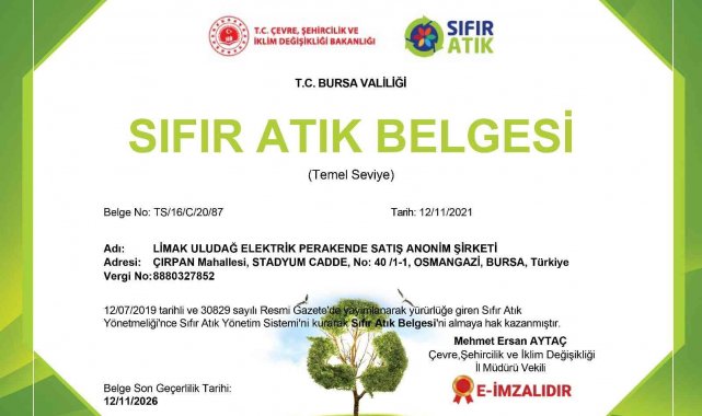 Limak Enerji Uludağ Elektrik, 'Sıfır Atık Belgesi' almaya hak kazandı