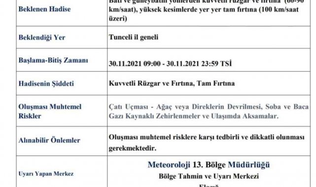 Tunceli'de fırtına uyarısı