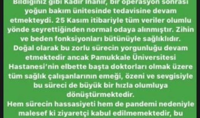 Yoğun bakımdan çıkan Kadir İnanır servise alındı