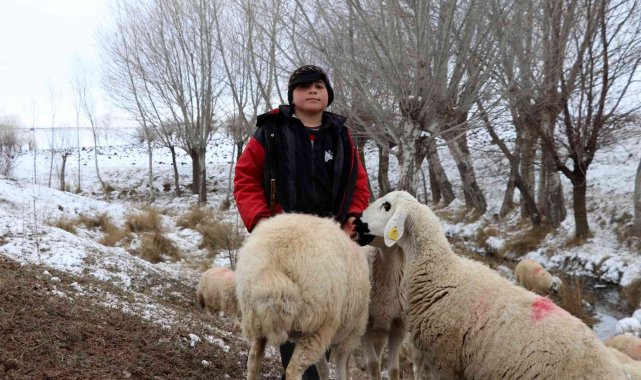 11 yaşındaki çoban dondurucu soğukta sürü güdüyor