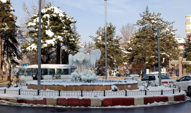 Afyonkarahisar&#039;ın simgelerinden flamingo heykellerinin buzla kaplı hale görsel şölen oluşturdu