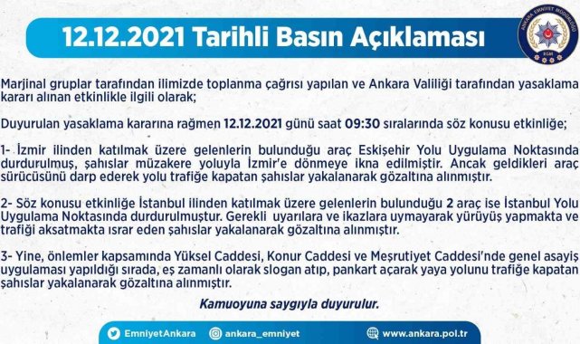 Ankara Emniyet Müdürlüğü'nden izinsiz gösteri yapmak isteyen kişiler hakkında açıklama