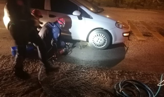 Arabanın çarptığı köpek, ön tekerleğe sıkıştı