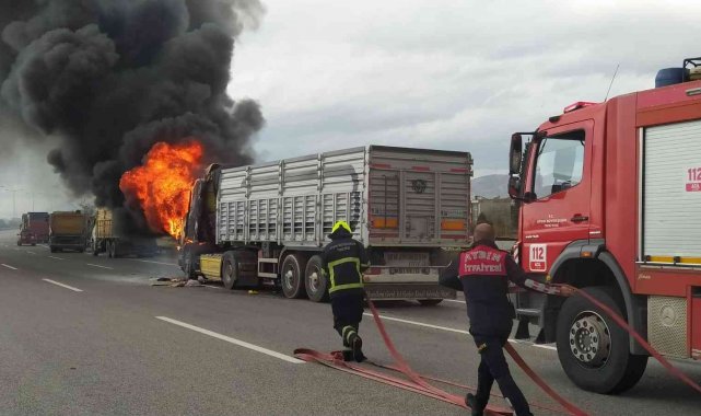Aydın'da kamyona çarpan tır alev aldı