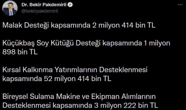 Bakan Pakdemirli, 5 farklı kalemde 486 milyon liralık desteğin 10 Aralık'ta yatırılacağını duyurdu
