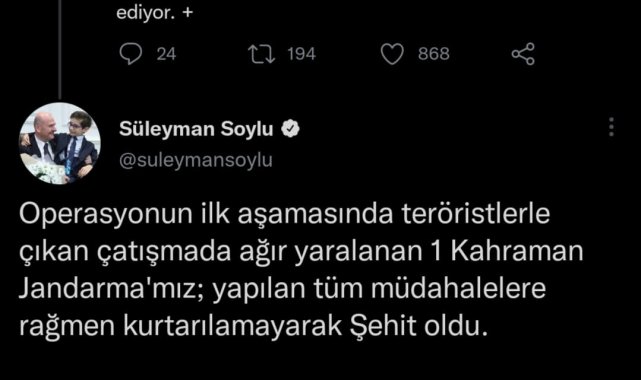 Bakan Soylu: "Ovacık kırsalında, bir mağaraya gerçekleştirilen operasyonda 1'i teslim, toplam 3 terörist etkisiz hale getirildi"