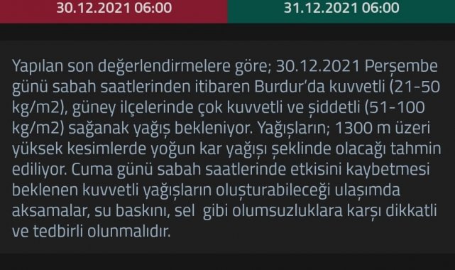Burdur'da kuvvetli yağış uyarısı