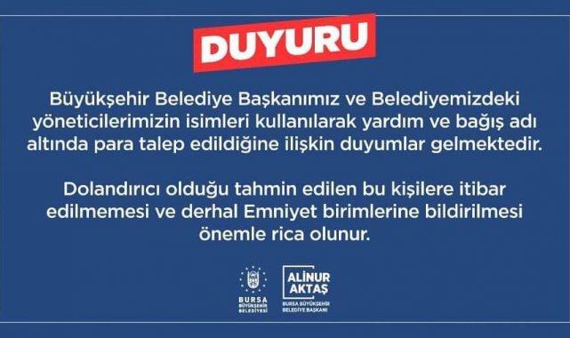 Bursa Büyükşehir Belediyesi'nden uyarı