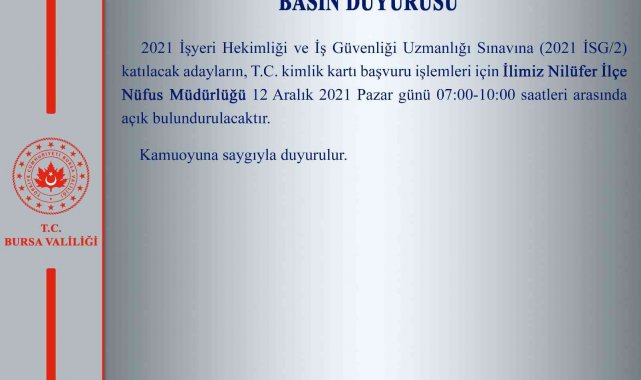 Bursa'da Nilüfer İlçe Nüfus Müdürlüğü pazar günü de hizmet verecek