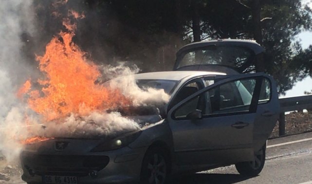 Dağ yolundaki otomobil yangını korkuttu