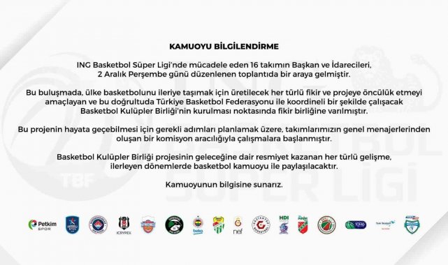 Frutti Extra Bursaspor: "Basketbol Kulüpler Birliği'nin kurulması noktasında fikir birliğine varılmıştır"
