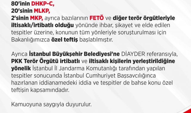 İçişleri Bakanlığından, DİAYDER referansıyla İBB'ye yerleştirilenlere yönelik açıklama
