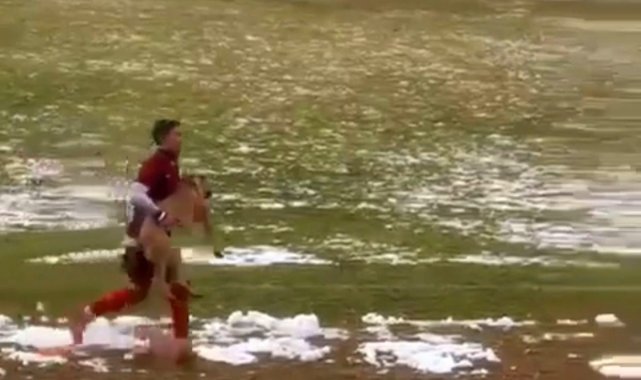 Maçı durduran köpeği futbolcu kucağına alarak çıkardı