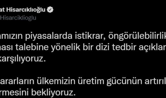 TOBB Başkanı Hisarcıklıoğlu: "Yapılan bir dizi tedbir açıklanmasını olumlu karşılıyoruz"