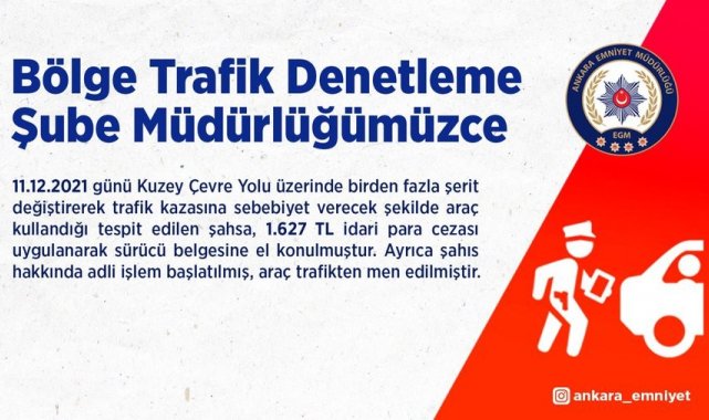 Trafikte birden fazla şerit değiştiren sürücüye bin 627 TL ceza