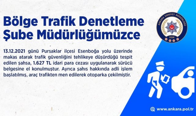 Trafikte makas atan sürücüye bin 627 TL ceza