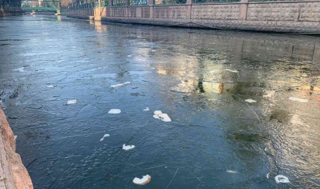 Yer yer donmuş Porsuk Çayı üzerinde ekmek parçaları