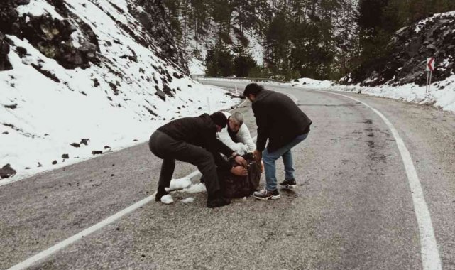 Yola düşen kaya parçası sürücülere zor anlar yaşattı