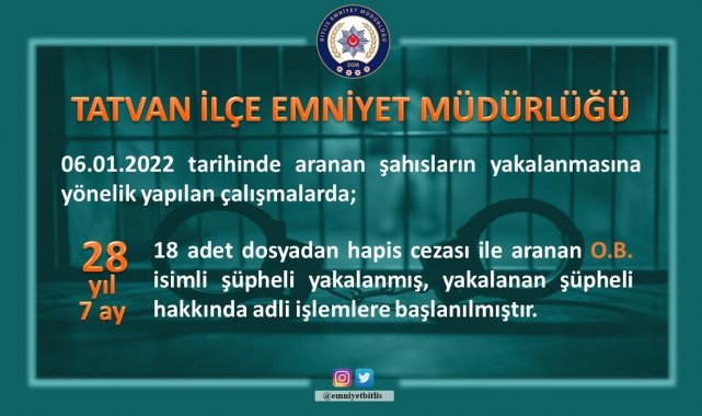 28 yıl 7 ay ve 12 yıl 6 ay hapis cezası olan kişiler yakalandı