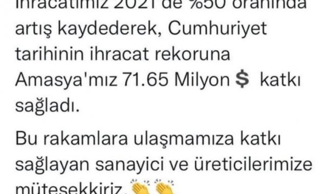 Amasya Valiliği: "İhracatımız 2021'de yüzde 50 oranında arttı"