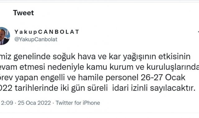 Bursa Valiliğin'den 2 gün personel izni kararı