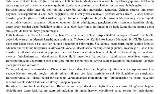 BURSİAD: "Bursasporumuza yapılacak en büyük ihanet olacaktır"