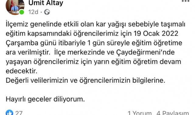 Devrek'te kar nedeniyle taşımalı eğitime yarın tatil