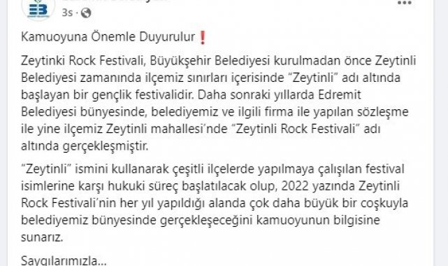 Edremit Belediyesi'nde Zeytinli Rock Festivali açıklaması