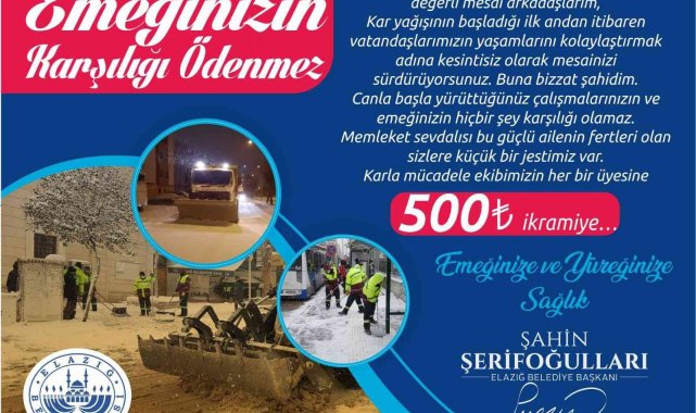 Elazığ Belediyesinden karla mücadele ekiplerine ikramiye jesti