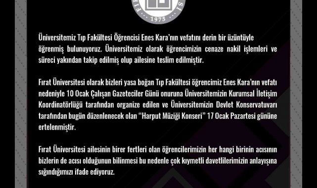 Fırat Üniversitesi, hayatını kaybeden tıp öğrencisi için konseri erteledi
