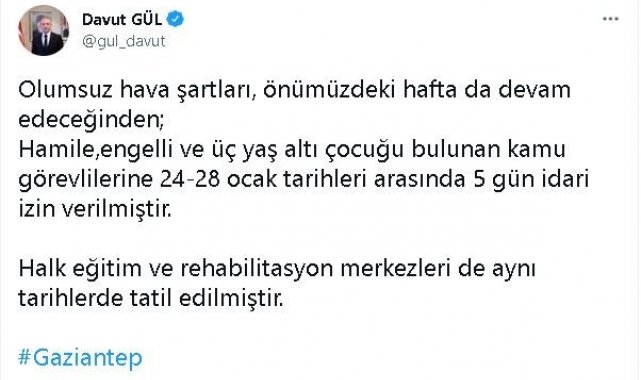 Gaziantep'te kamu görevlilerine idari izin