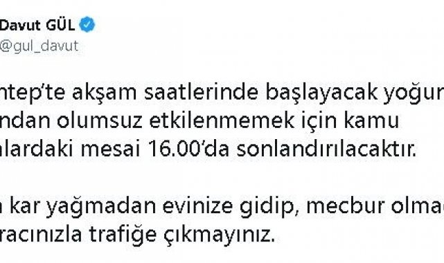 Gaziantep'te kamu mesaisi 16.00'da bitecek