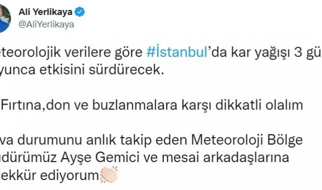 İstanbul Valisi Ali Yerlikaya sosyal medya hesabından kar yağışı ile ilgili paylaşım yaptı