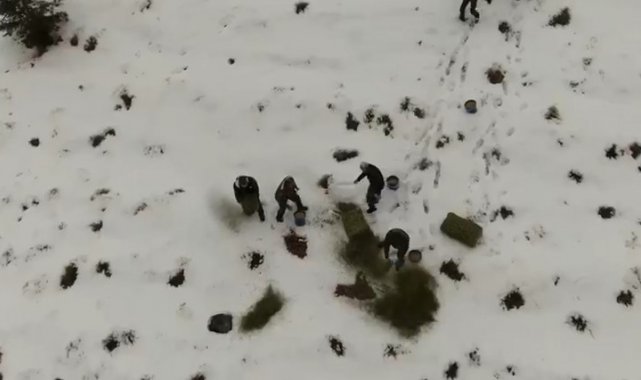 Karlı kaplı dağlara yabani hayvanlar için yem bırakıldı