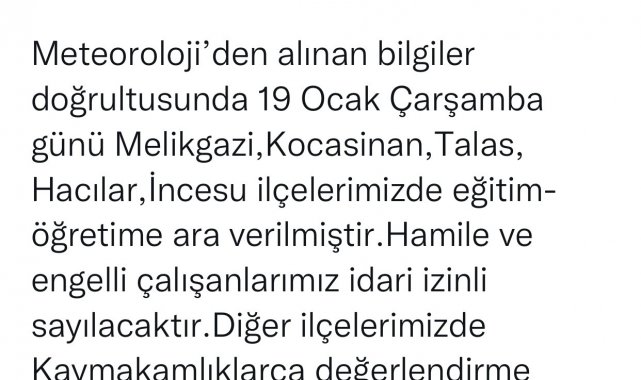 Kayseri'de 5 ilçede eğitime kar engeli