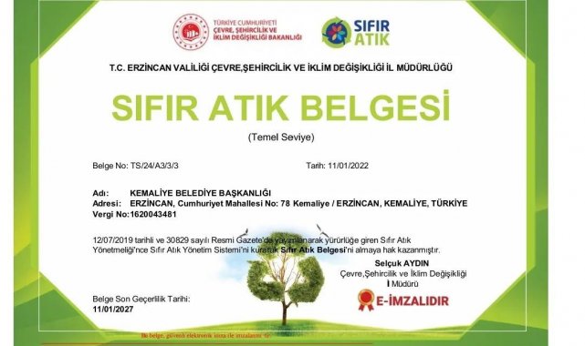Kemaliye Belediyesine Sıfır Atık Belgesi