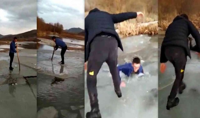 Nehirde buz kütlesini sal olarak kullanan gençlerden suya düşen boğulma tehlikesi atlattı