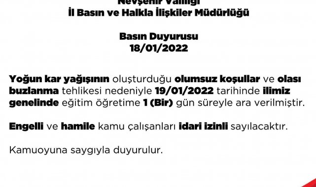 Nevşehir'de eğitime 1 gün ara verildi