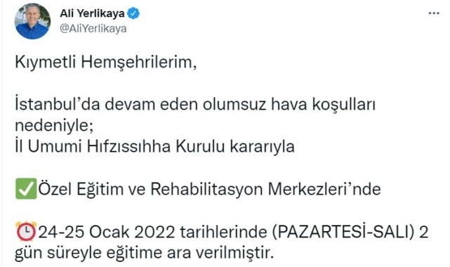 Özel eğitim ve rehabilitasyon merkezlerinde 2 gün eğitime ara verildi