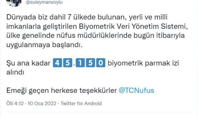 Soylu: "Biyometrik Veri Yönetim Sistemi ile 45 bin 150 biyometrik parmak izi alındı"