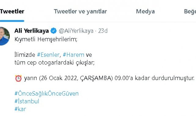 Vali Yerlikaya: "Otogarlardan çıkış yarın saat 09.00'a kadar durduruldu"