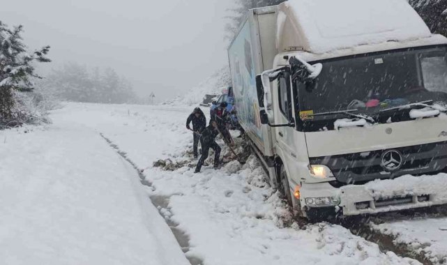 Yoldan çıkan kamyon, şarampolde kara saplandı