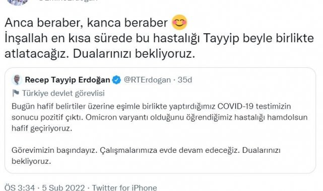 Emine Erdoğan: "İnşallah en kısa sürede bu hastalığı Tayyip Bey'le birlikte atlatacağız"