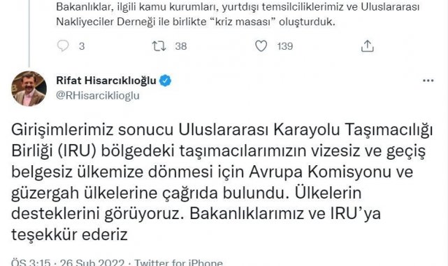 Hisacıklıoğlu: &quot;Türk tırlarının olumsuz etkilenmemesi için kriz masası oluşturduk&quot;