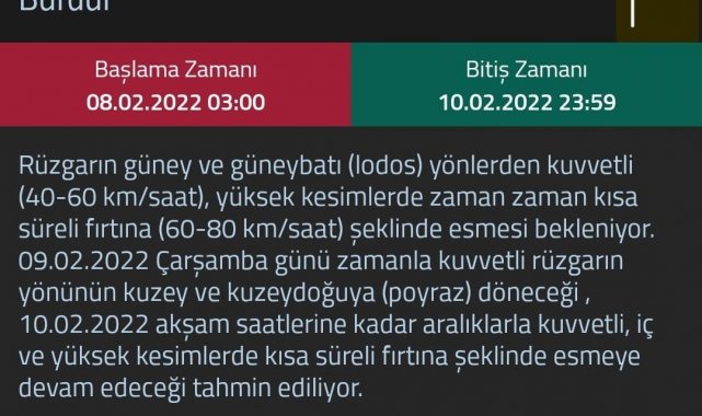 Meteoroloji Burdur için sarı uyarı ile fırtına beklendiğini açıkladı