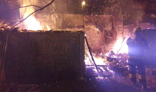 Odun deposundaki yangın geceyi aydınlattı